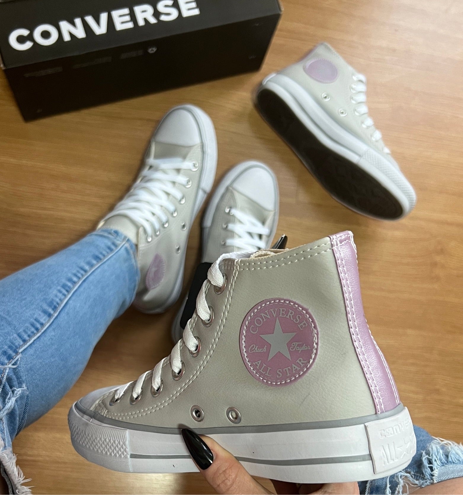 Tênis All Star Cano Alto Courino Cinza e Lilás Feminino Premium