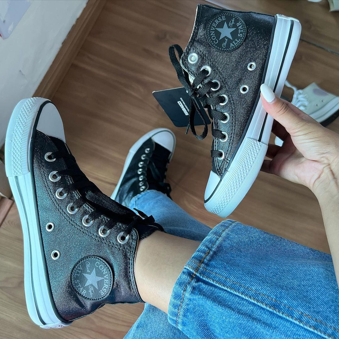 Tenis All Star Preto Brilho Cano Alto Feminino Premium