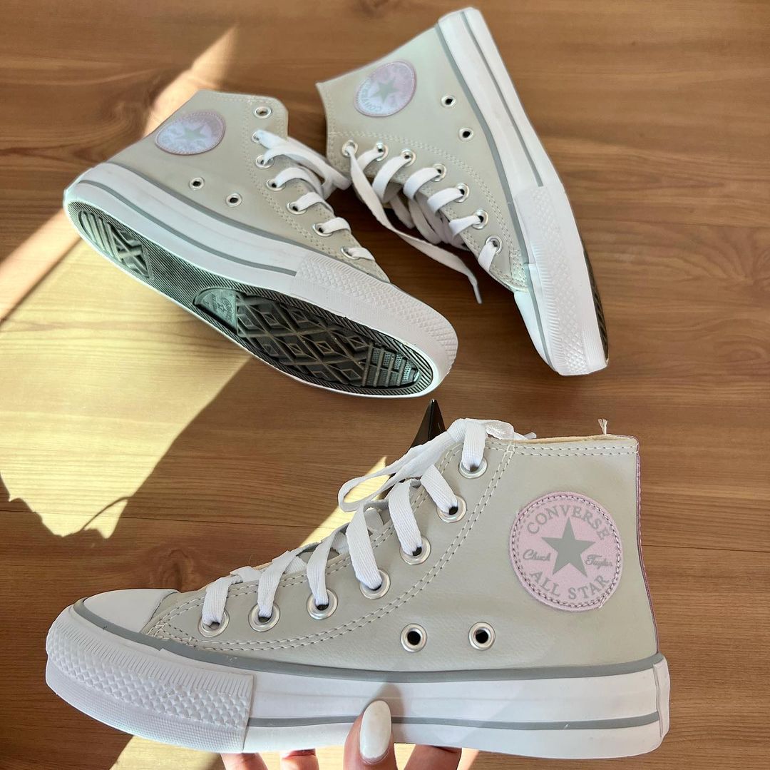 Tênis All Star Cano Alto Courino Cinza e Lilás Feminino Premium