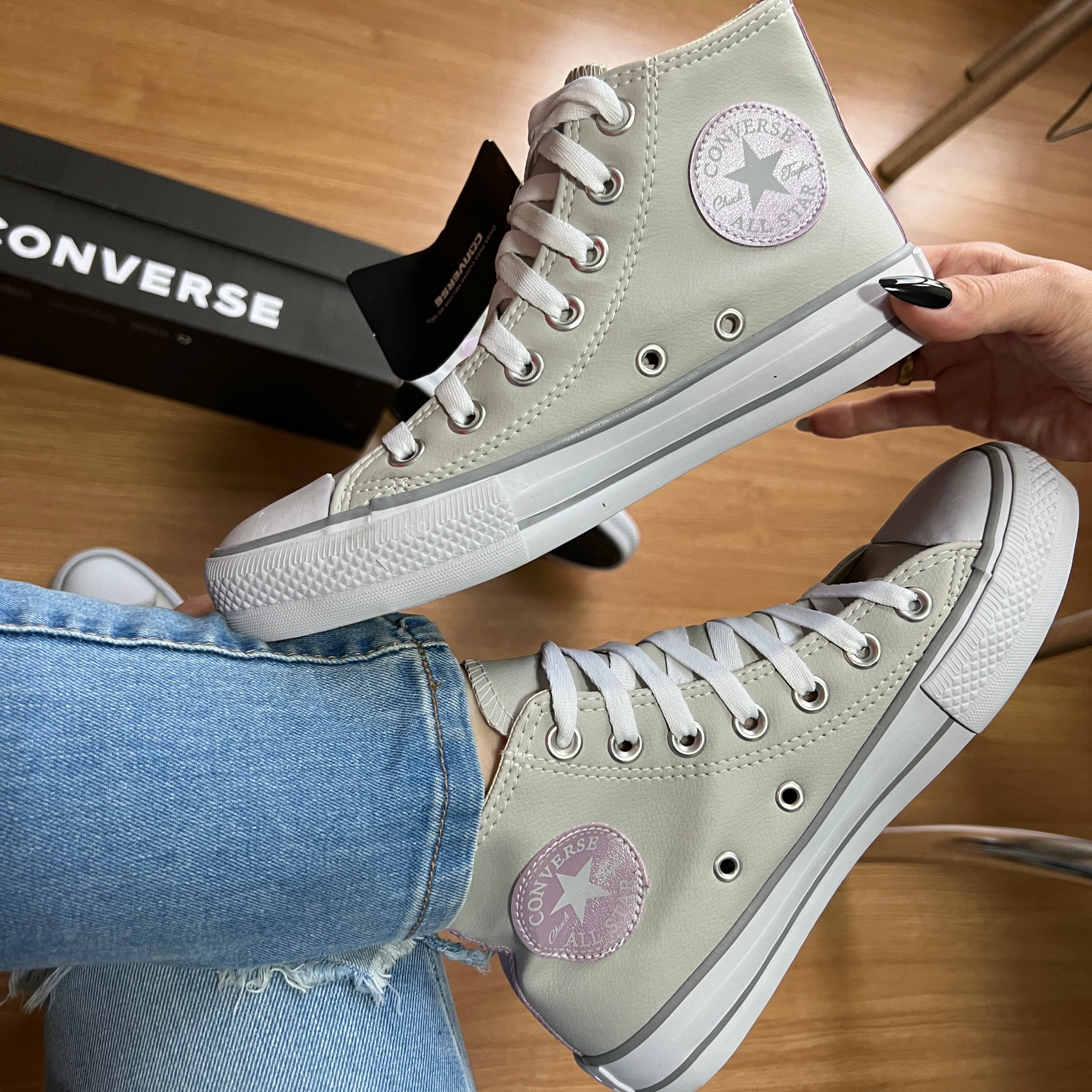 Tênis All Star Cano Alto Courino Cinza e Lilás Feminino Premium